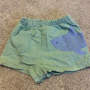 Kids Green Checkered Swim Trunks with Shark Design